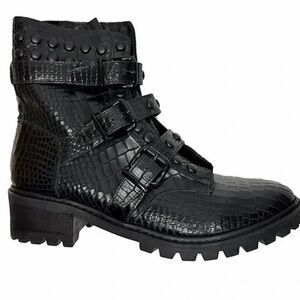 Schutz Suleni Black Croc Embossed Studded Leather Buckled Ankle Boots  8.5